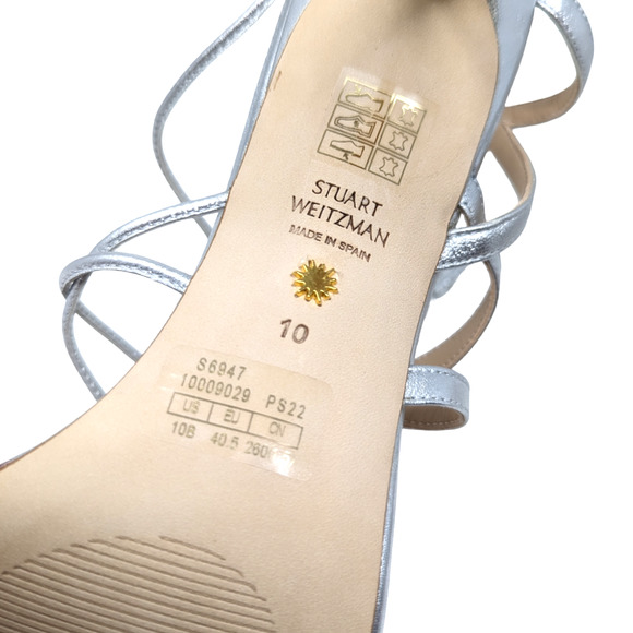NWT Stuart Weitzman Astrid Silver Leather Ankle Wrap Sandal Pumps Size 10 - Picture 7 of 10